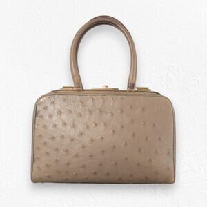 Vintage 50s Genuine Ostrich Leather Beige Top Handle Frame Bag with Coin Purse
